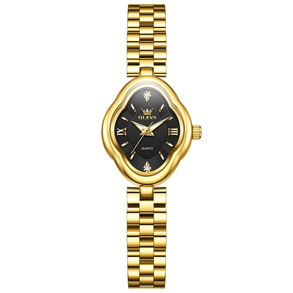 OLEVS 5666 Petal Case Vintage Dress Watch Gold Bracelet Quartz Jewelry Timepiece for Women - Gold Black | Olevs Watch Store