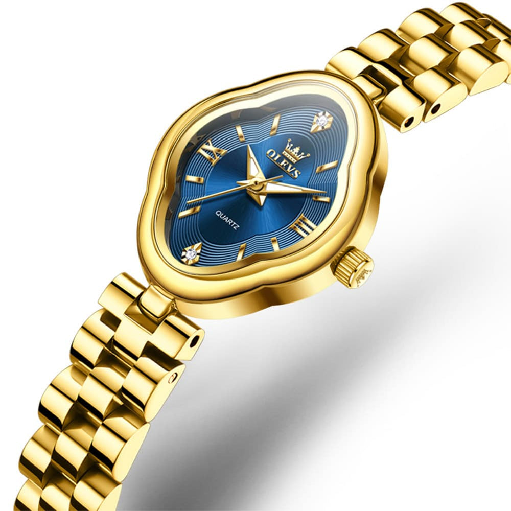 OLEVS 5666 Petal Case Vintage Dress Watch Gold Bracelet Quartz Jewelry Timepiece for Women - Gold Blue | Olevs Watch Store