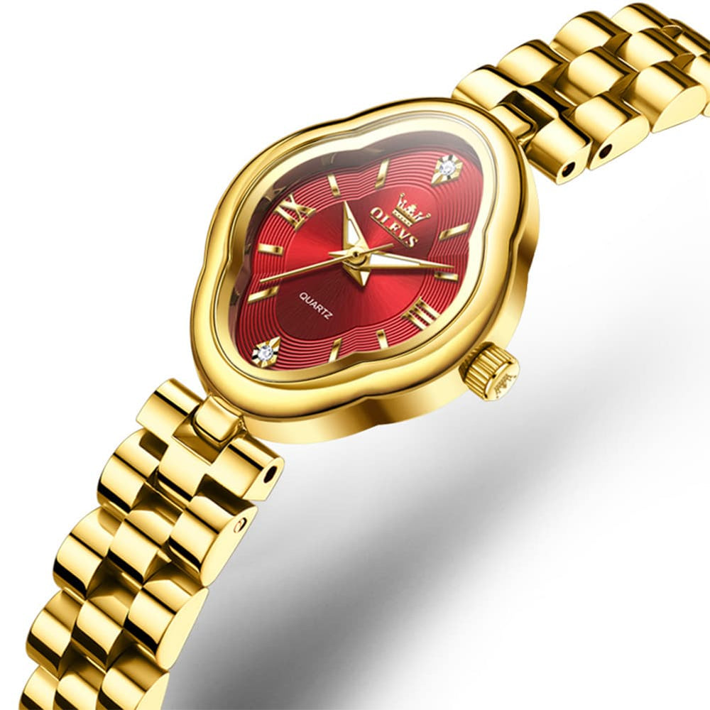 OLEVS 5666 Petal Case Vintage Dress Watch Gold Bracelet Quartz Jewelry Timepiece for Women - Gold Red | Olevs Watch Store