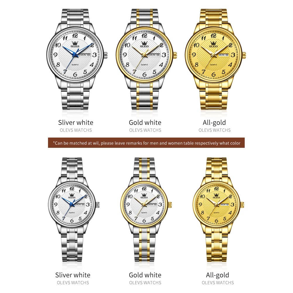 OLEVS 5667 Sapphire Crystal Couple Watch Day Date Stainless Steel Bracelet Timepiece for Men and Women - Olevs Watch Store
