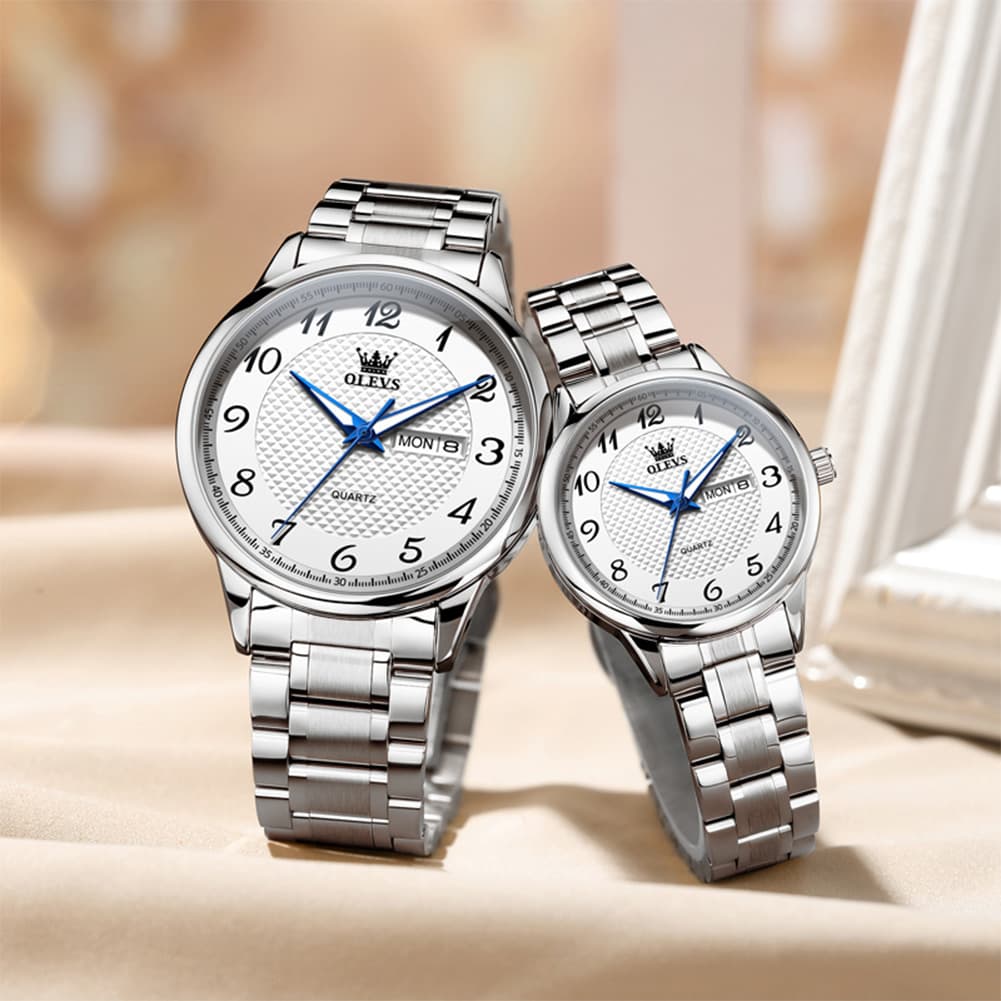 OLEVS 5667 Sapphire Crystal Couple Watch Day Date Stainless Steel Bracelet Timepiece for Men and Women - Olevs Watch Store