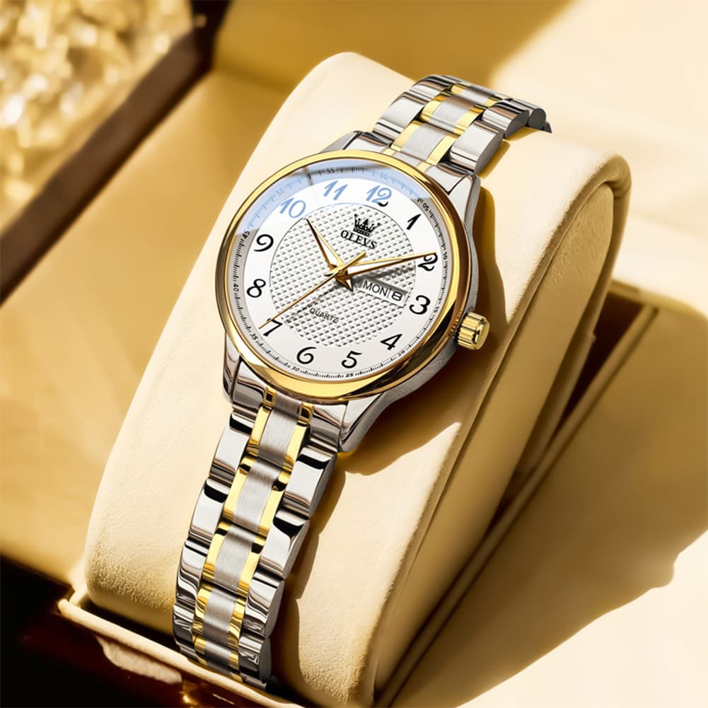 OLEVS 5667 Sapphire Crystal Couple Watch Day Date Stainless Steel Bracelet Timepiece for Men and Women - Olevs Watch Store