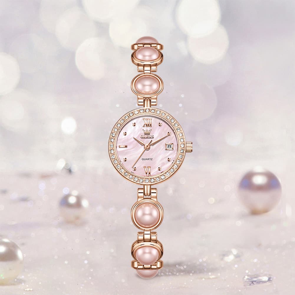OLEVS 5669 Pearl Bracelet Watch Zircon Bezel Quartz Jewelry Timepiece for Women - Silver Pink Watch | Olevs Watch Store