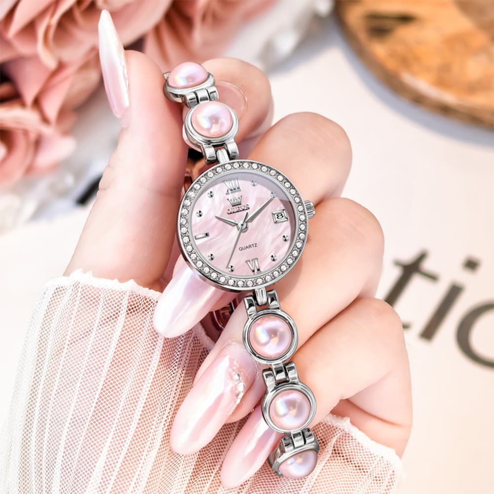 OLEVS 5669 Pearl Bracelet Watch Zircon Bezel Quartz Jewelry Timepiece for Women - Silver Pink Watch | Olevs Watch Store