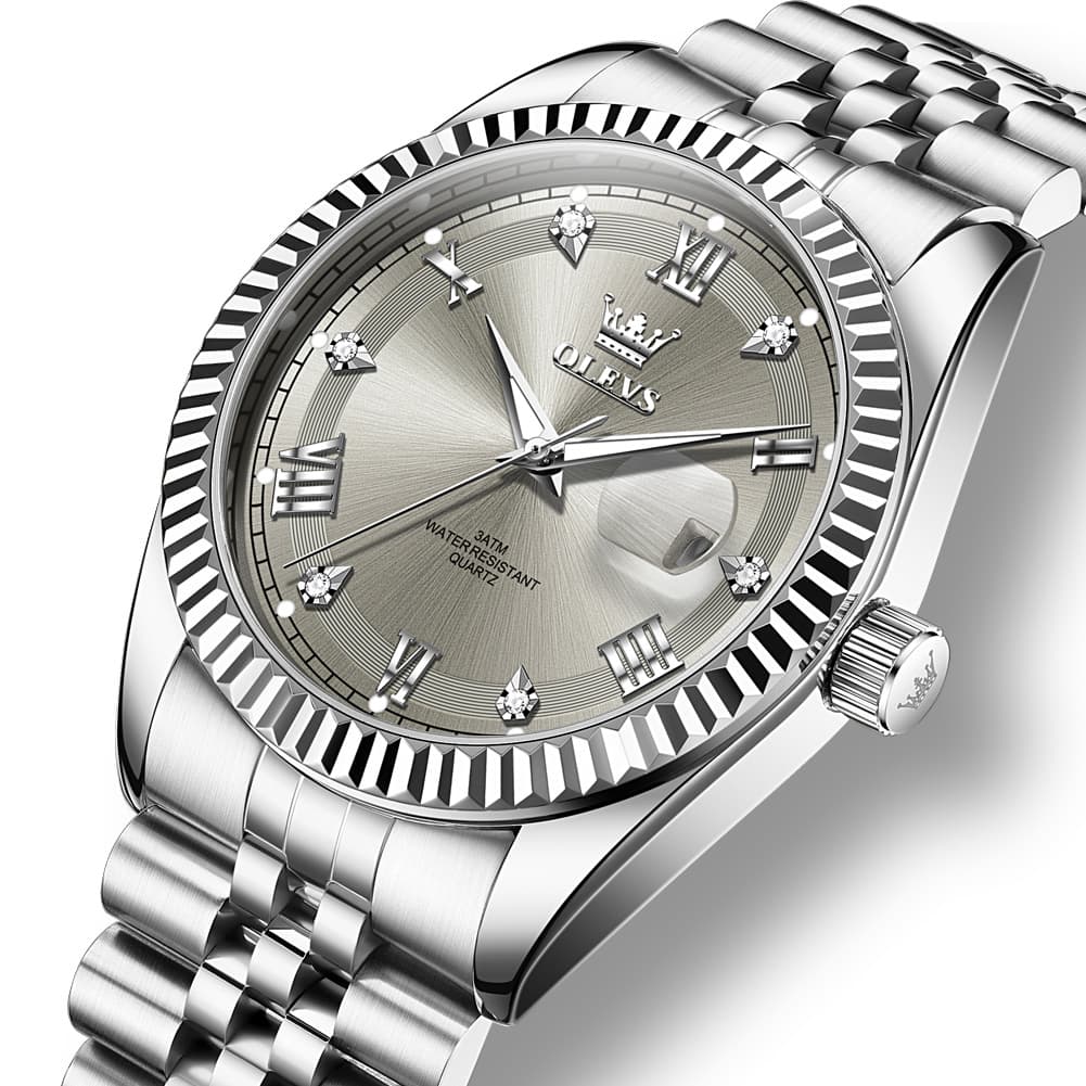 OLEVS 5680 Fluted Bezel Roman Diamond Dial Watch Stainless Steel Jubilee Bracelet Quartz Timepiece for Men -Olevs Watch Store
