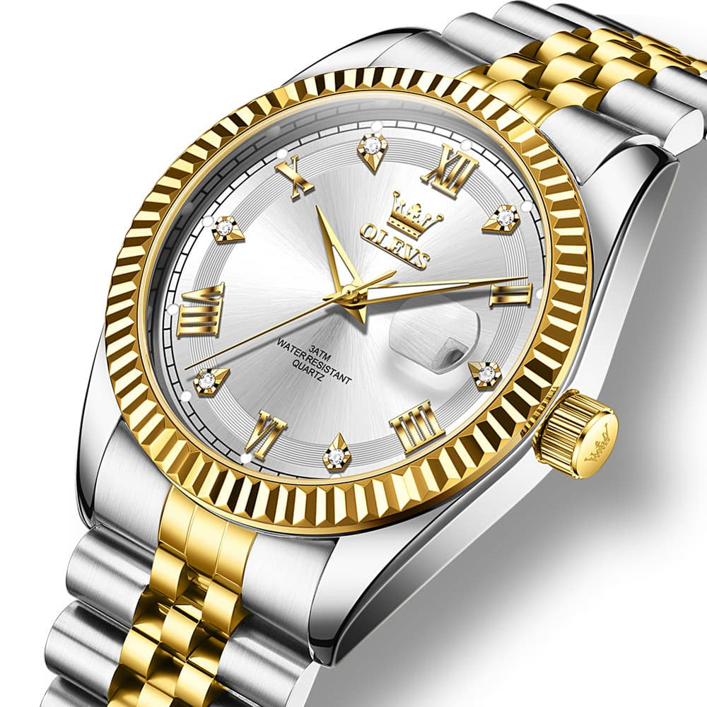 OLEVS 5680 Fluted Bezel Roman Diamond Dial Watch Stainless Steel Jubilee Bracelet Quartz Timepiece for Men -Olevs Watch Store