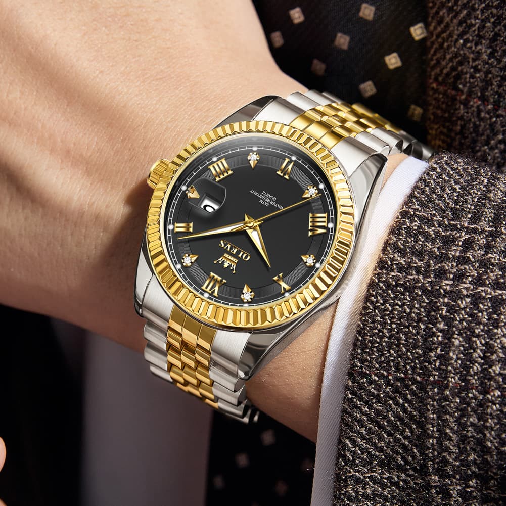 OLEVS 5680 Fluted Bezel Roman Diamond Dial Watch Stainless Steel Jubilee Bracelet Quartz Timepiece for Men -Olevs Watch Store