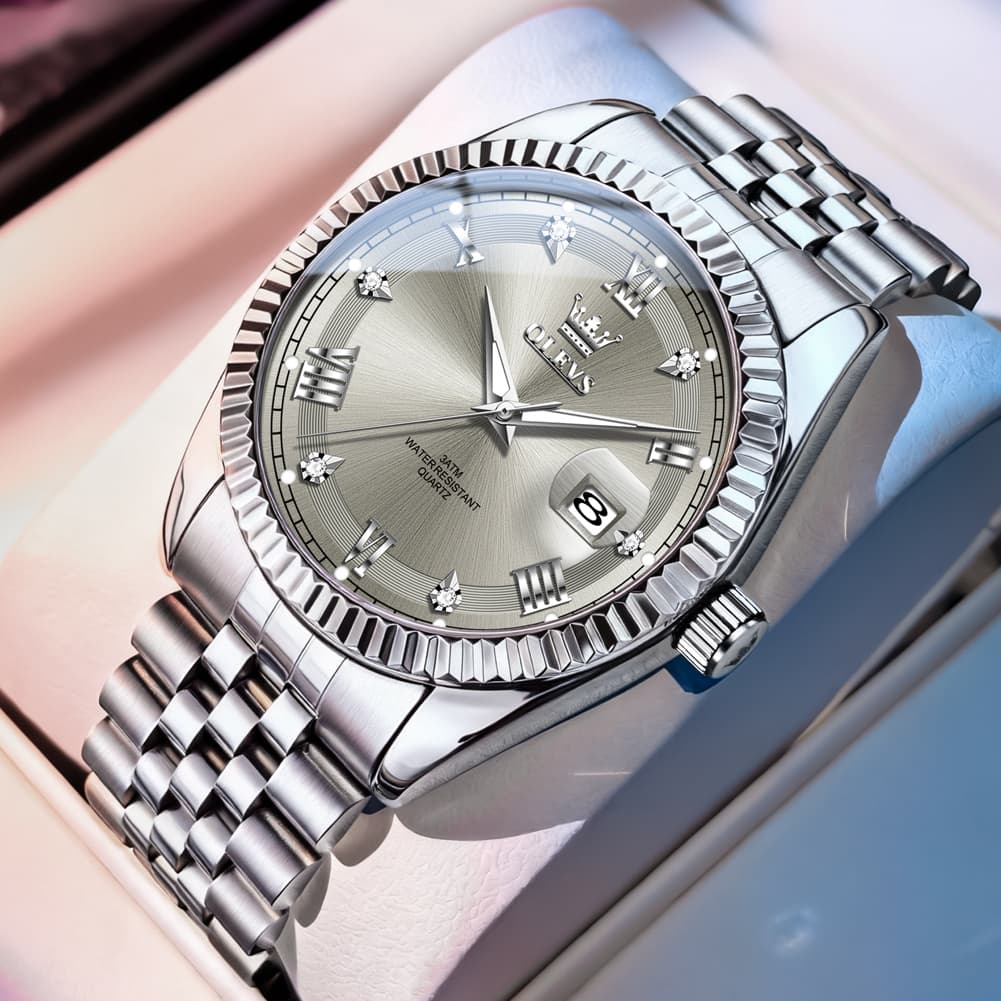 OLEVS 5680 Fluted Bezel Roman Diamond Dial Watch Stainless Steel Jubilee Bracelet Quartz Timepiece for Men -Olevs Watch Store
