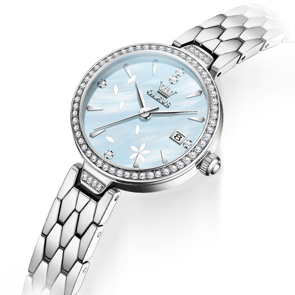 OLEVS 5689 Silver Blue floral dial close-up