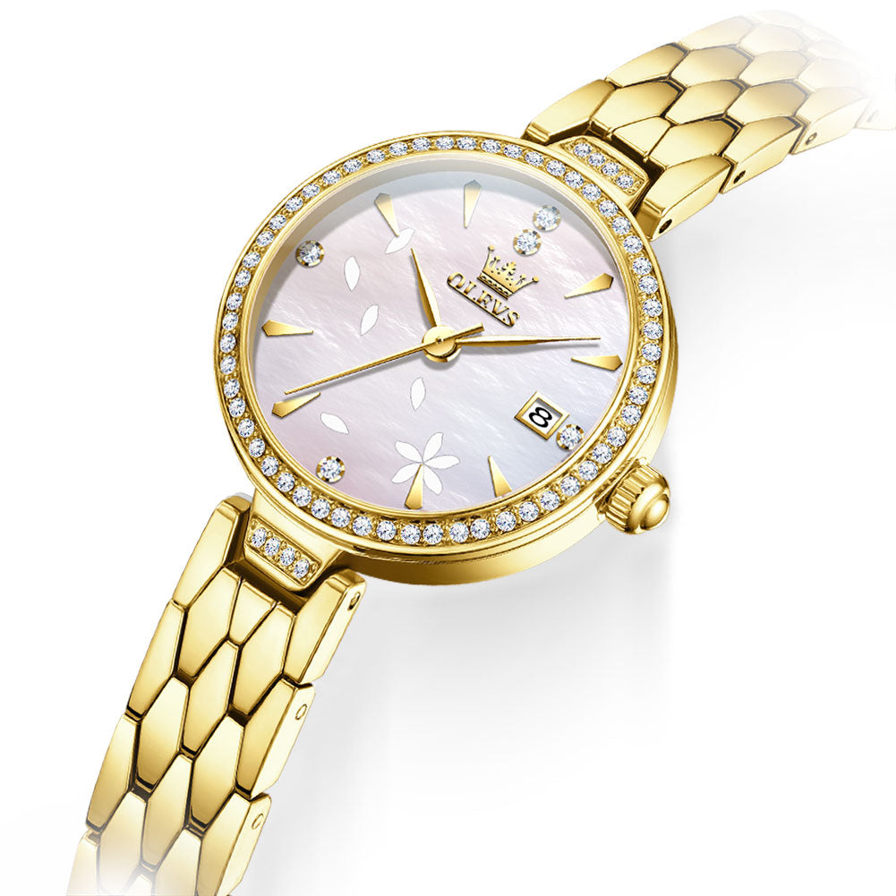 OLEVS 5689 Gold White floral dial close-up
