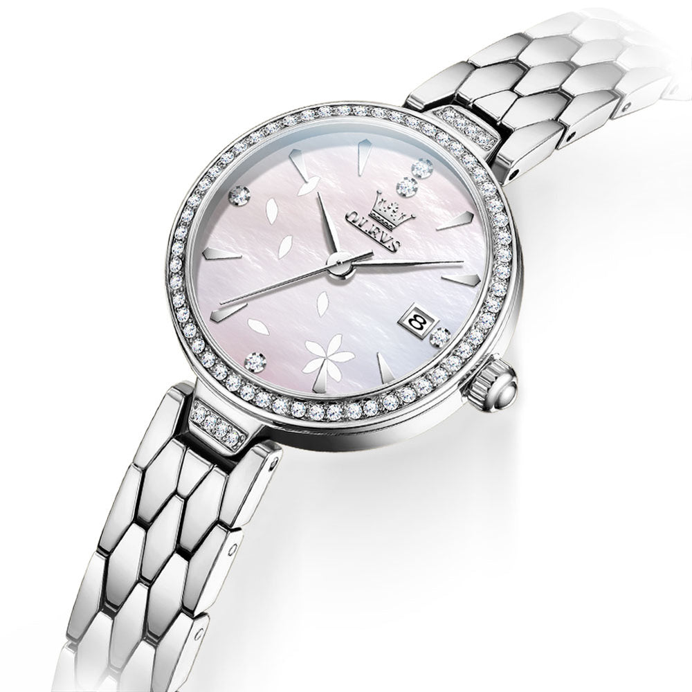 OLEVS 5689 Silver White floral dial close-up