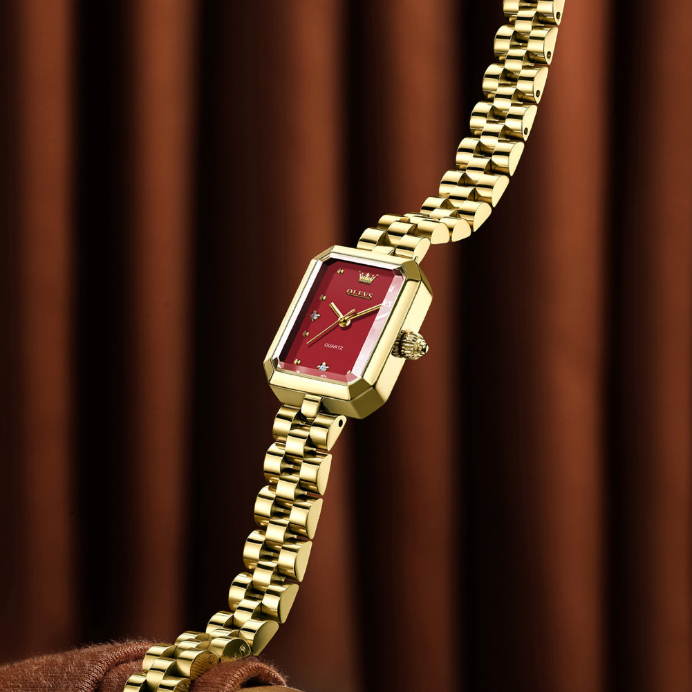 OLEVS 5690 gold red watch case and bracelet side view