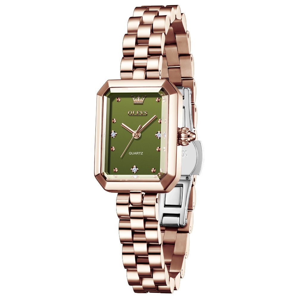 OLEVS 5690 rectangular quartz watch for women in Rose Gold Green
