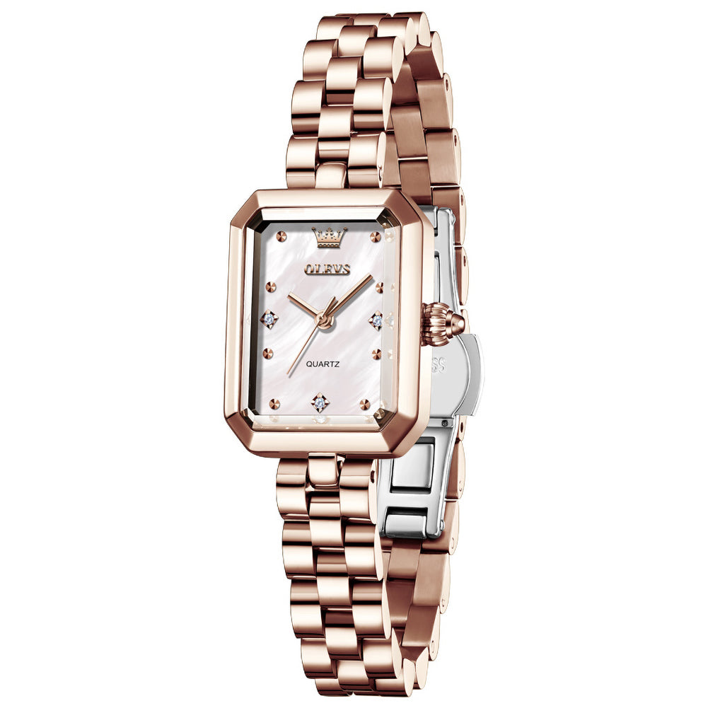 OLEVS 5690 rectangular quartz watch for women in Rose Gold White