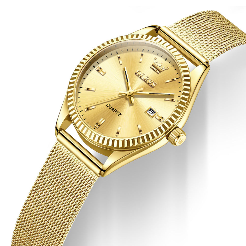 OLEVS 5692 Gold dial and fluted bezel closeup
