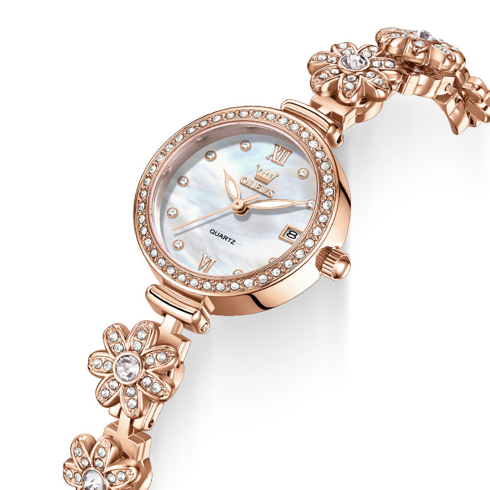 OLEVS 5699 white dial date window and floral links close up
