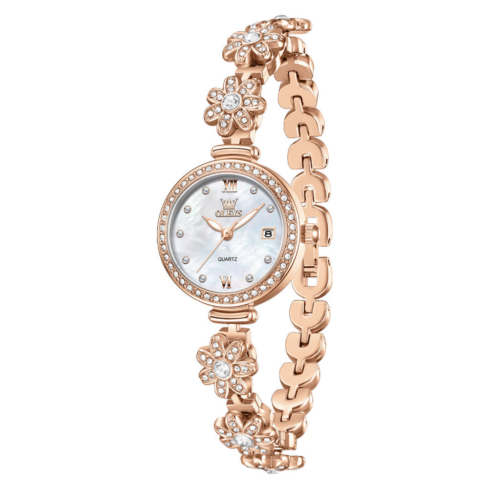 OLEVS 5699 rose gold white floral bracelet watch front view