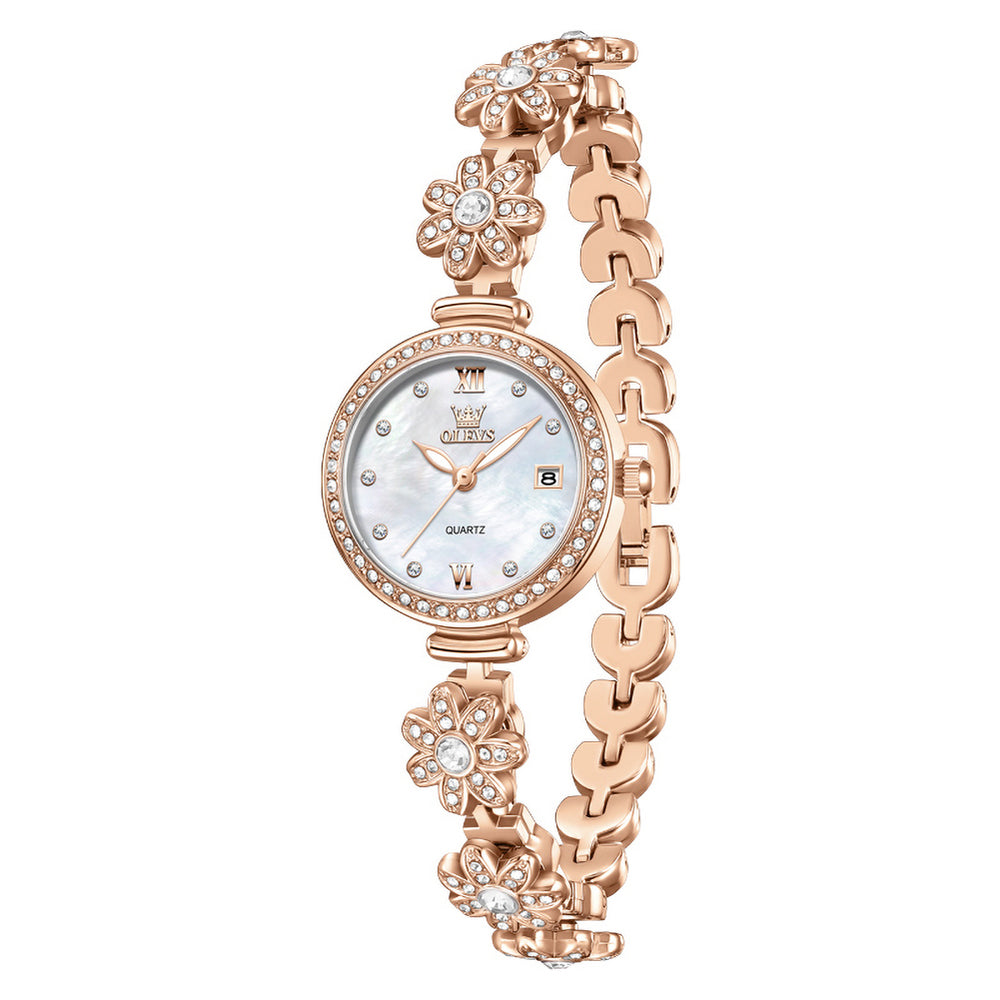OLEVS 5699 rose gold white floral bracelet watch front view