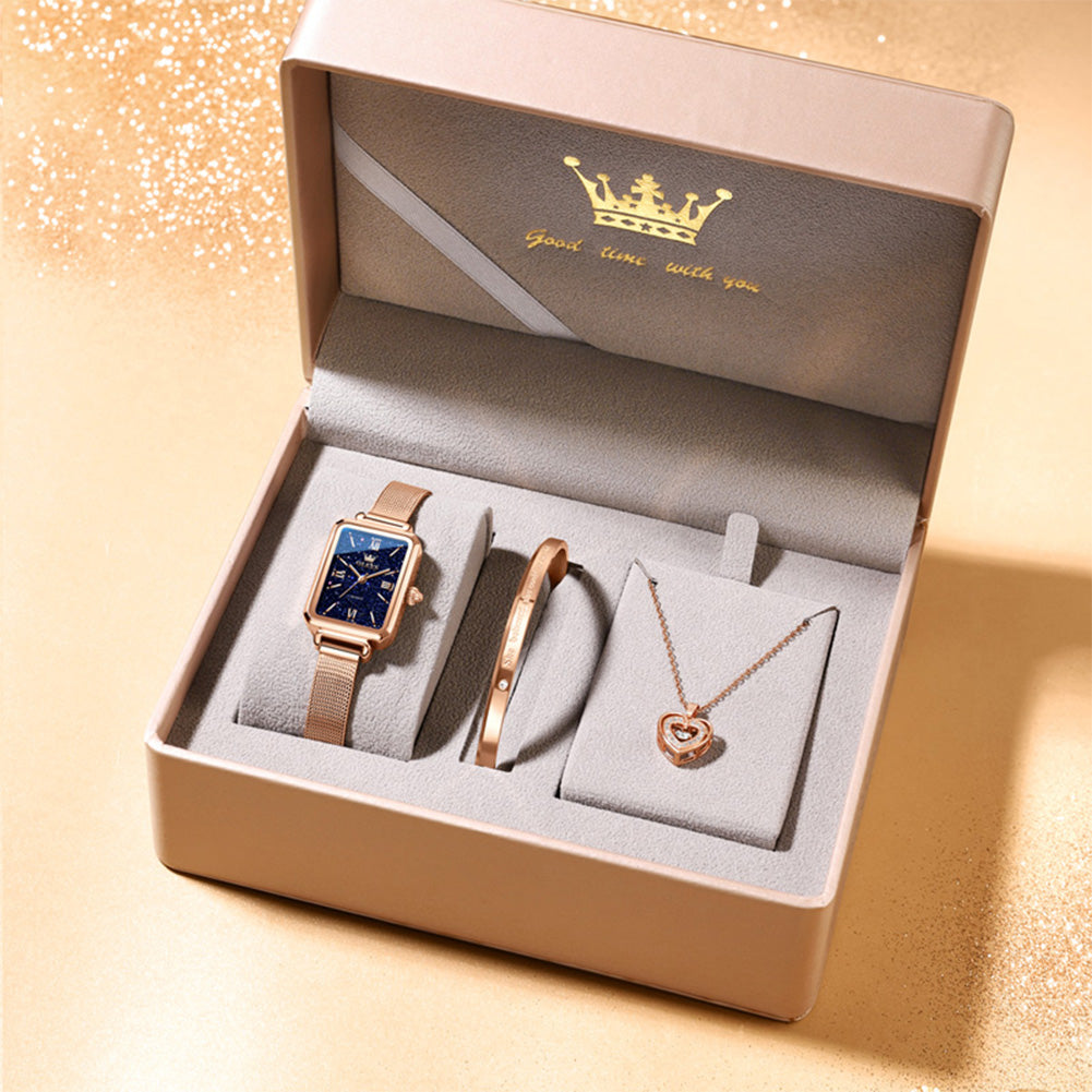 OLEVS 5705 Rose Gold Blue watch gift set with bangle necklace and gift box