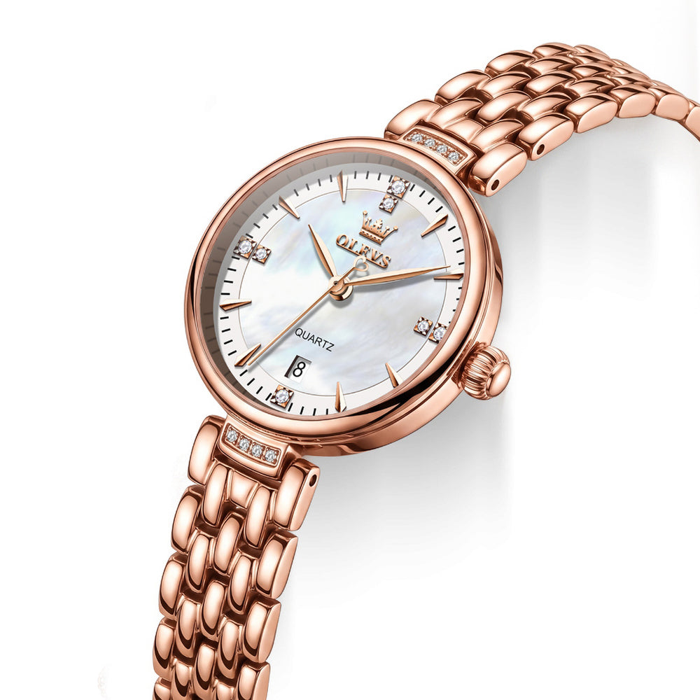 OLEVS 5710 rose gold dial and bracelet close-up