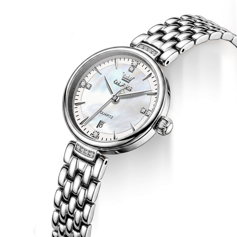 OLEVS 5710 silver dial and bracelet close-up