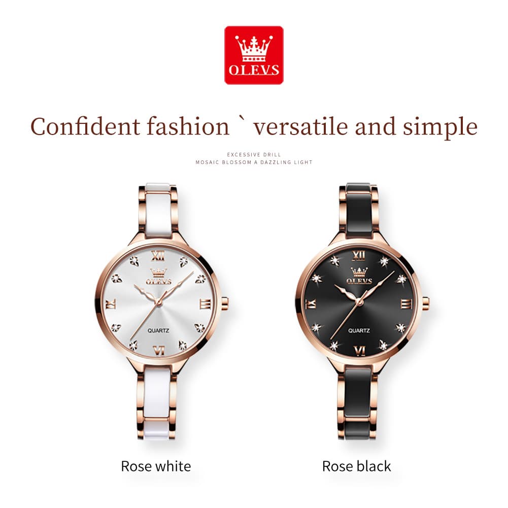 OLEVS 5872 Ceramic Bracelet Watch Rose Gold Diamond Accent Quartz Luxury Timepiece for Women - Olevs Watch Store