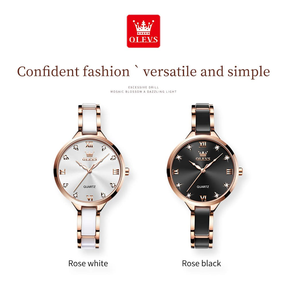 OLEVS 5872 Ceramic Bracelet Watch Rose Gold Diamond Accent Quartz Luxury Timepiece for Women - Olevs Watch Store