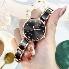 OLEVS 5872 Ceramic Bracelet Watch Rose Gold Diamond Accent Quartz Luxury Timepiece for Women - Olevs Watch Store