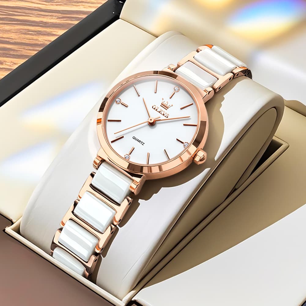 OLEVS 5877 Ceramic Bracelet Watch Rose Gold Minimalist Diamond Accent Japan Quartz Luxury Timepiece Women - Olevs Watch Store