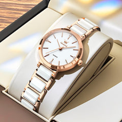 OLEVS 5877 Ceramic Bracelet Watch Rose Gold Minimalist Diamond Accent Japan Quartz Luxury Timepiece Women - Olevs Watch Store