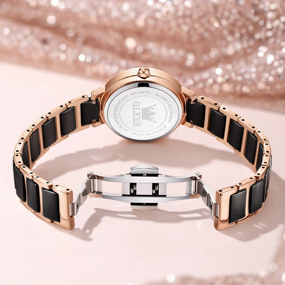 OLEVS 5877 Ceramic Bracelet Watch Rose Gold Minimalist Diamond Accent Japan Quartz Luxury Timepiece Women - Olevs Watch Store