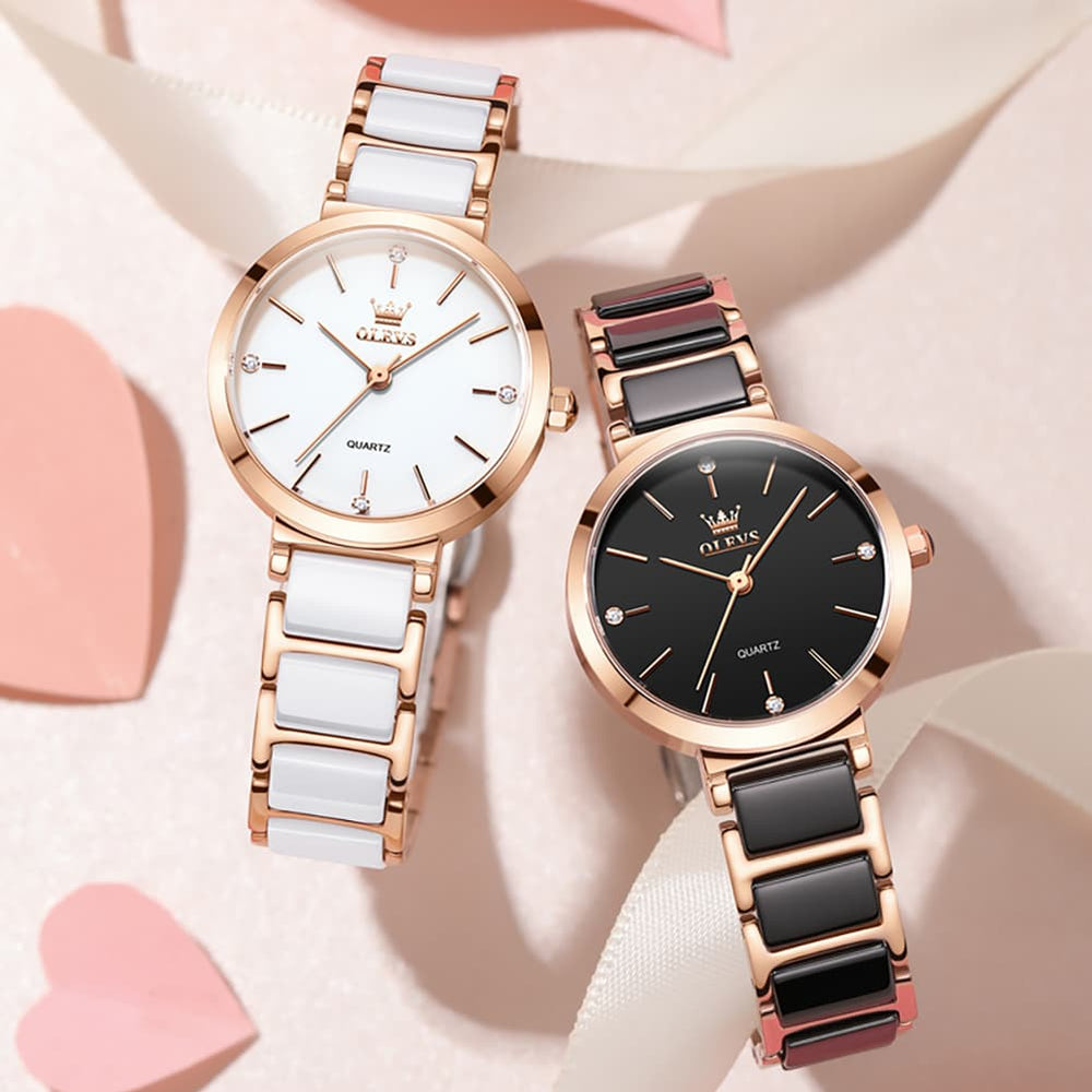 OLEVS 5877 Ceramic Bracelet Watch Rose Gold Minimalist Diamond Accent Japan Quartz Luxury Timepiece Women - Olevs Watch Store