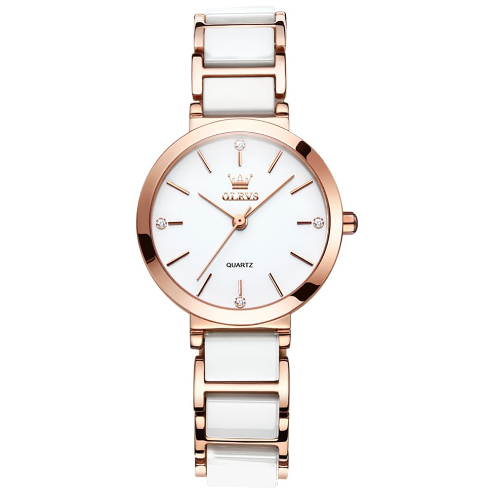 OLEVS 5877 Ceramic Bracelet Watch Rose Gold Minimalist Diamond Accent Japan Quartz Luxury Timepiece Women - Olevs Watch Store