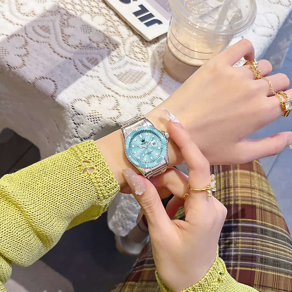 OLEVS 5885 Sporty Chic Luxury Dive Style Watch for Women - Mint Blue Watch | Olevs Watch Store