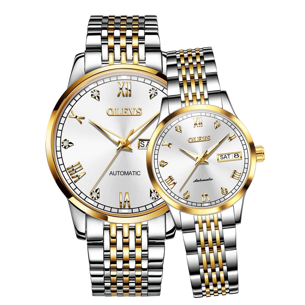 OLEVS 6602 Automatic Mechanical Couples Watch for Men Women - Two Tone White Watch | Olevs Watch Store
