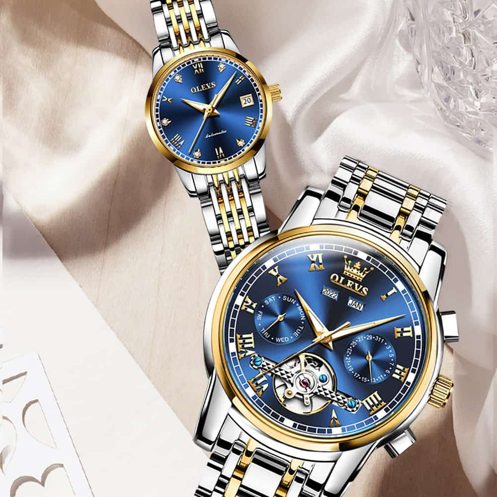 OLEVS 6607 Open Heart Automatic Mechanical Couple Watch Set - Mixed Black Silver Gold Watch | Olevs Watch Store