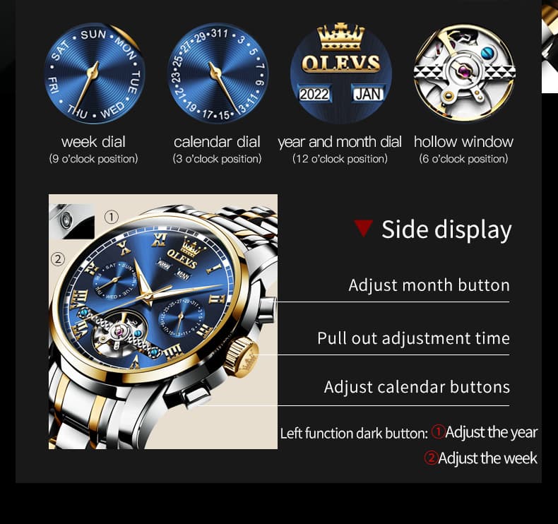 OLEVS 6607 Open Heart Automatic Mechanical Couple Watch Set - Mixed Black Silver Gold Watch | Olevs Watch Store