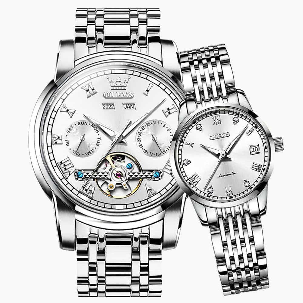 OLEVS 6607 Open Heart Automatic Mechanical Couple Watch Set - Matching Silver White Watch | Olevs Watch Store