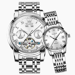 OLEVS 6607 Open Heart Automatic Mechanical Couple Watch Set - Matching Silver White Watch | Olevs Watch Store