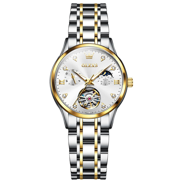 OLEVS 6608 Automatic Mechanical Open Heart Watch for Women - Two Tone White Watch | Olevs Watch Store