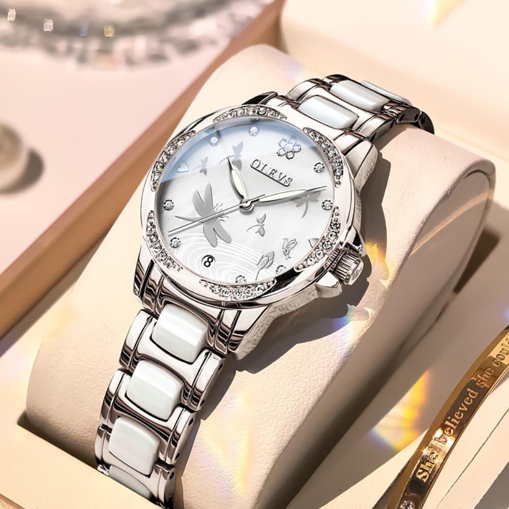 OLEVS 6610 Automatic Mechanical Ceramic Dragonfly Watch for Women - Rose Gold Red Watch | Olevs Watch Store
