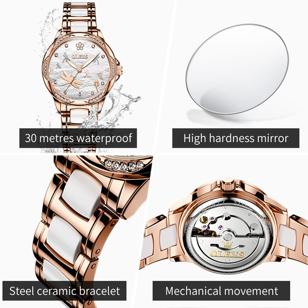 OLEVS 6610 Automatic Mechanical Ceramic Dragonfly Watch for Women - Rose Gold Red Watch | Olevs Watch Store