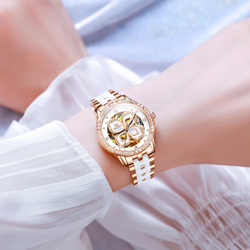 OLEVS 6612 Automatic Skeleton Four Leaf Clover Watch Set for Women - Rose Gold Red Leather Set Watch | Olevs Watch Store