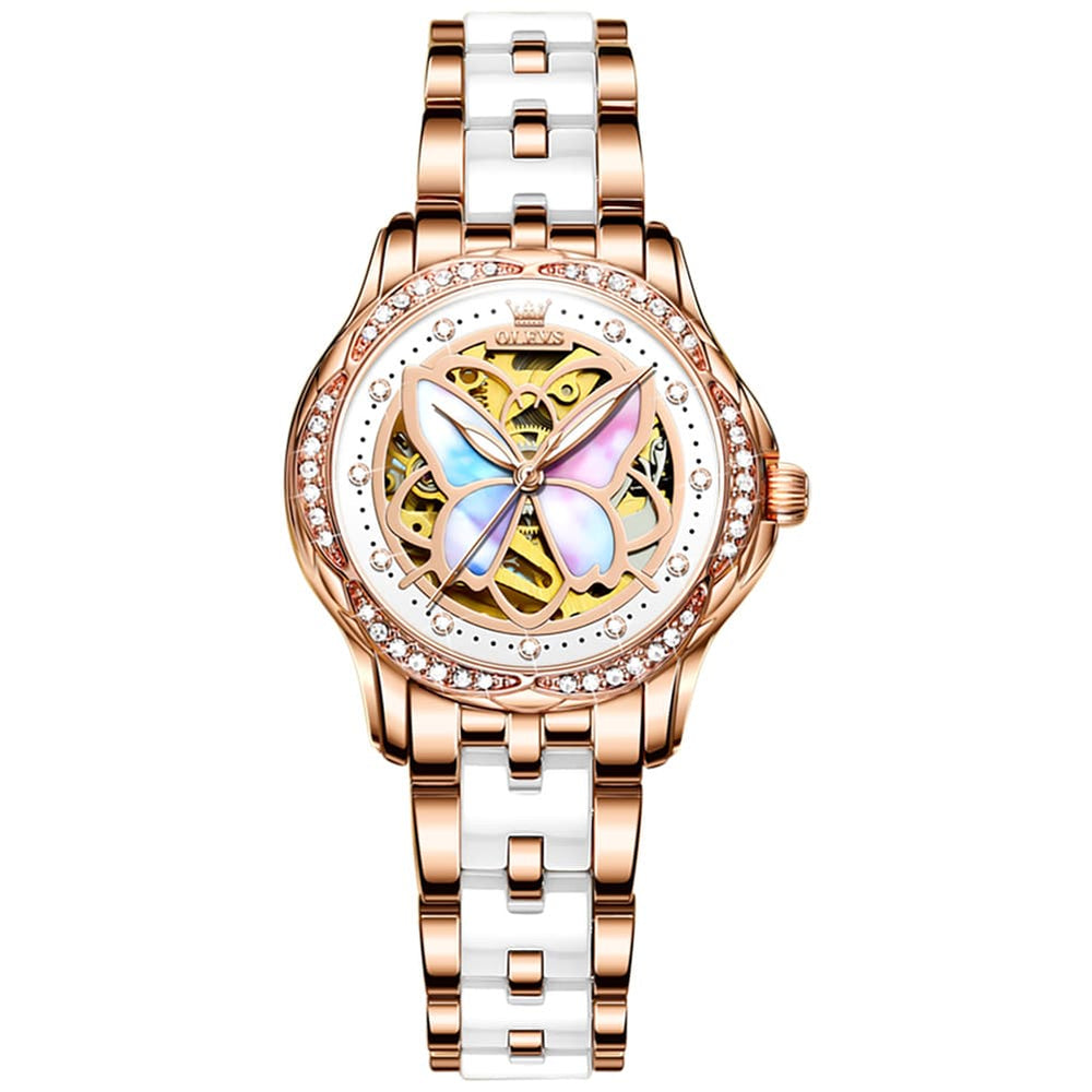 OLEVS 6615 Automatic Skeleton Bright Butterfly Watch Set for Women - Rose Gold White Ceramic Set Watch | Olevs Watch Store