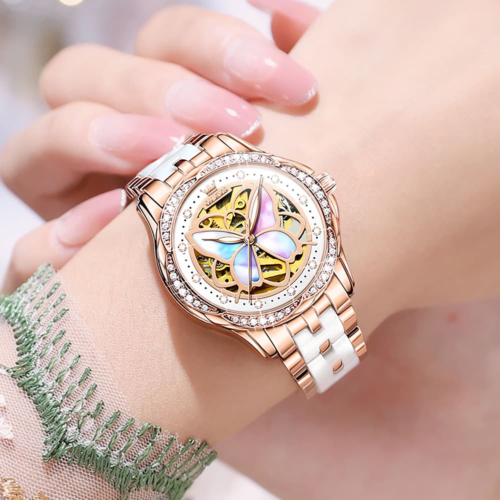 OLEVS 6615 Automatic Skeleton Bright Butterfly Watch Set for Women - Rose Gold Blue Leather Set Watch | Olevs Watch Store