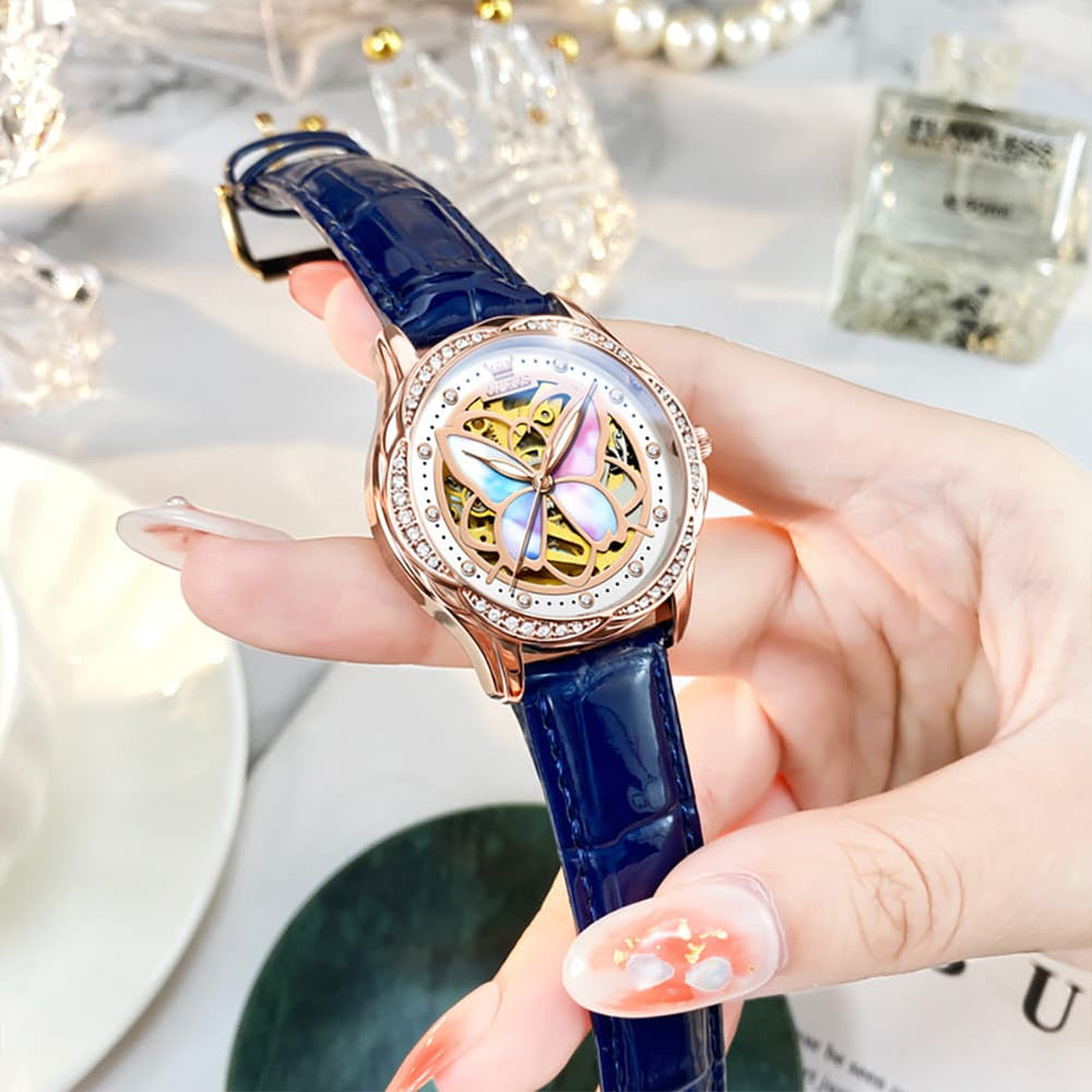 OLEVS 6615 Automatic Skeleton Bright Butterfly Watch Set for Women - Rose Gold Blue Leather Set Watch | Olevs Watch Store