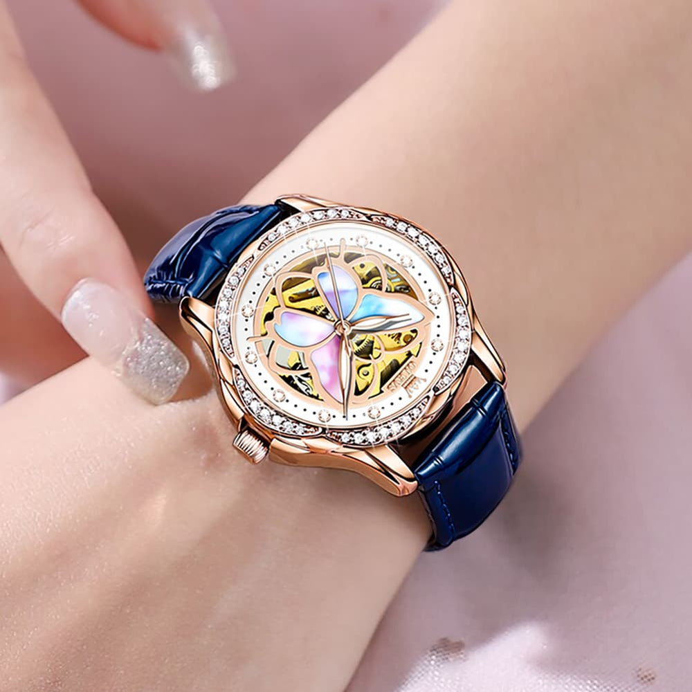 OLEVS 6615 Automatic Skeleton Bright Butterfly Watch Set for Women - Rose Gold Blue Leather Set Watch | Olevs Watch Store