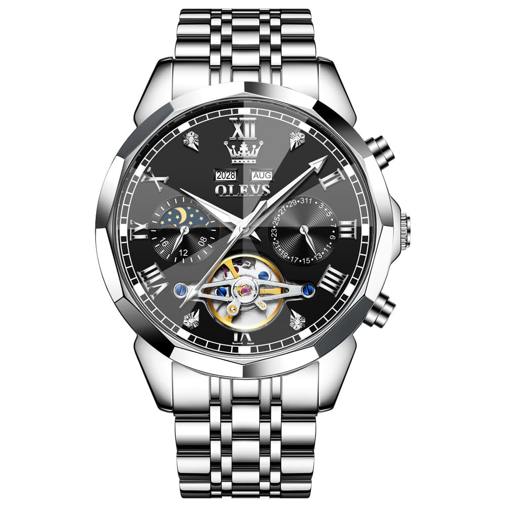 OLEVS 6620 Skeleton Moon Phase Mechanical Watch for Men - Silver Black Watch | Olevs Watch Store