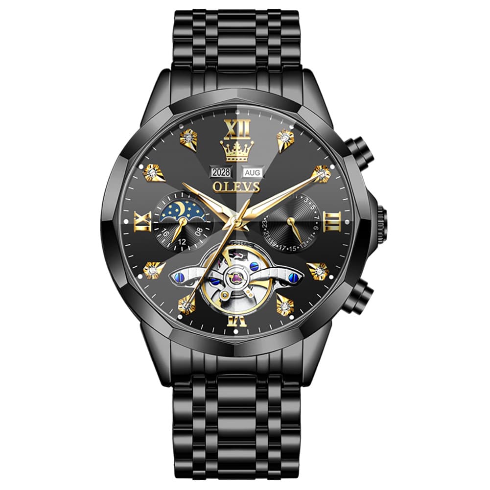 OLEVS 6621 3D Faceted Mirror Mechanical Watch for Men - All Black Watch | Olevs Watch Store