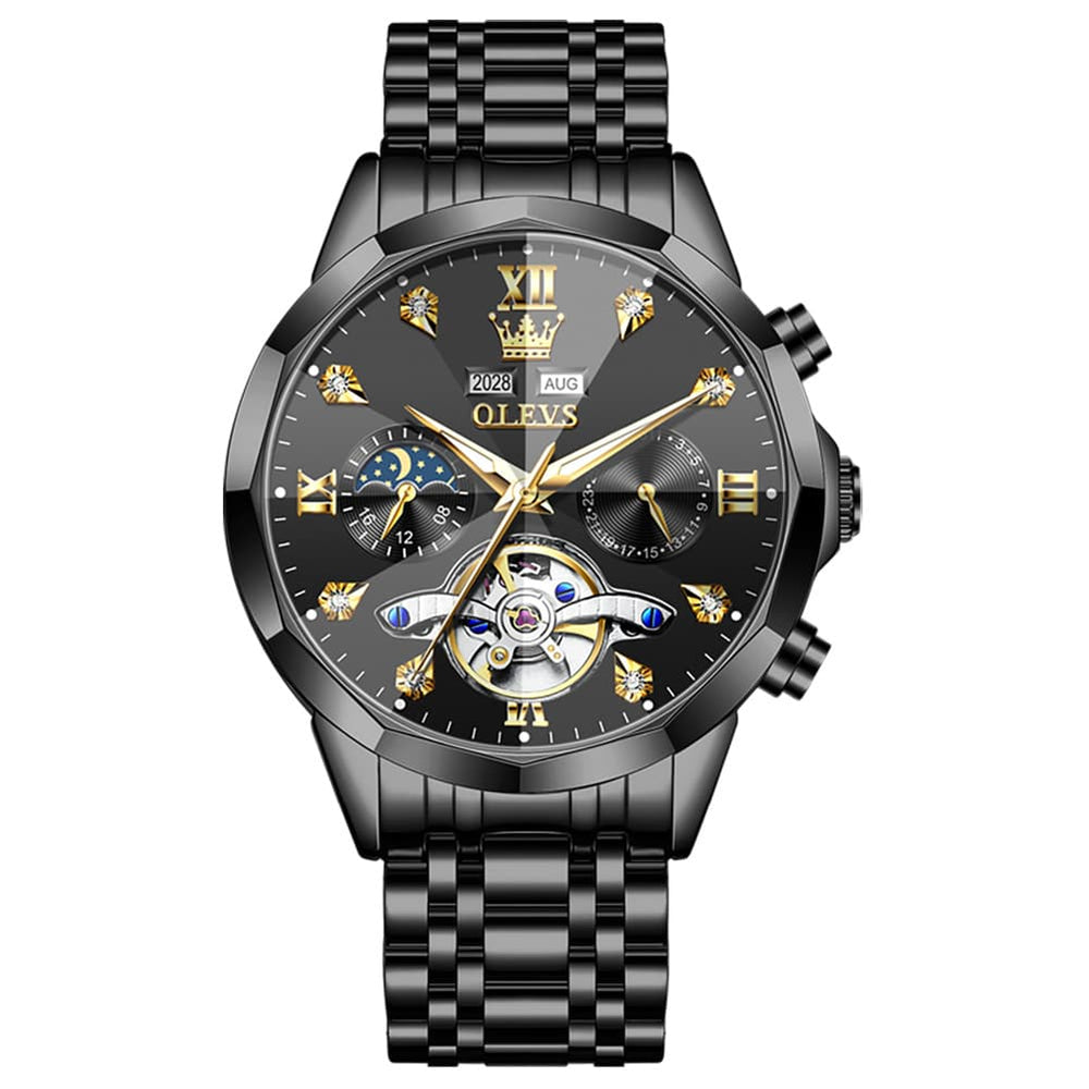 OLEVS 6621 3D Faceted Mirror Mechanical Watch for Men - All Black Watch | Olevs Watch Store